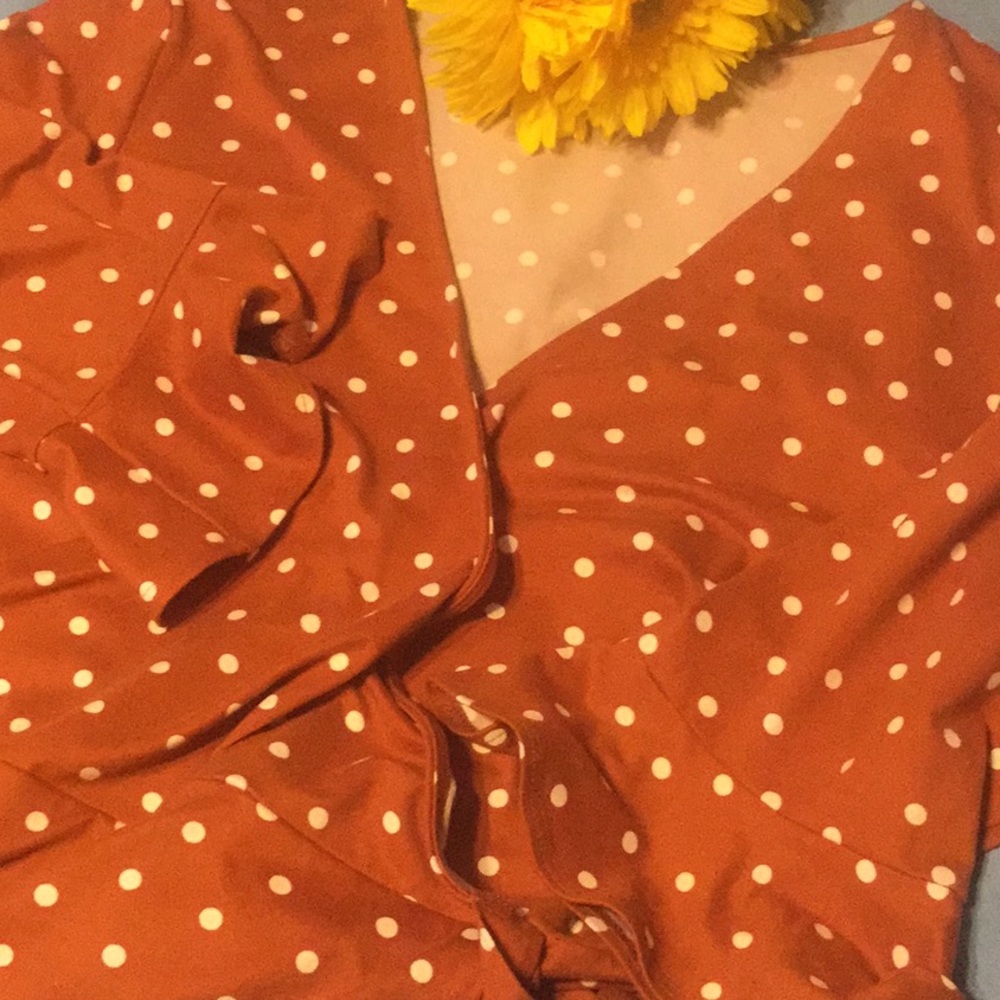 Earth Tone Brown Color V-neck Polka Dot Side Tie Waist Plus Dress - Picture 4 of 8